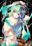  1girl absurdres alternate_costume aqua_nails aqua_tube_top armpits arms_up ass breasts choker cleavage commentary cowboy_shot english_commentary fingernails green_hair grin hair_ornament happy_valentine harem_outfit highres large_breasts long_hair looking_at_viewer multicolored_eyes nail_polish navel pom_pom_(clothes) pom_pom_hair_ornament pparus purple_eyes smile solo standing stellive stomach straight_hair strapless tube_top two-tone_eyes two-tone_tube_top v virtual_youtuber yellow_choker yuzuha_riko 