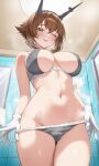  1girl 4ddd ;p absurdres bare_shoulders bathroom blush bra breasts brown_hair character_name cleavage commentary commission flipped_hair from_below gloves green_eyes grey_bra grey_panties hair_between_eyes headgear highres indoors kantai_collection large_breasts looking_at_viewer mutsu_(kancolle) navel one_eye_closed panties panty_pull pixiv_commission pulling_own_clothes short_hair skindentation smile solo stomach thighs tile_wall tiles tongue tongue_out underwear white_gloves 