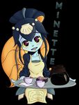  1girl absurdres apron blue_skin blush coffee cup fins fish_girl hair_ornament head_fins highres minette_(skullgirls) monster_girl pink_eyes scales shell skullgirls smile solo squiby-327 thighhighs tray waitress yellow_sclera 