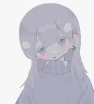  1girl :o arms_at_sides bandaid bandaid_on_cheek bandaid_on_face bandaid_on_nose blue_sweater blush center-flap_bangs collared_shirt colored_eyelashes colored_skin commentary crossed_bandaids dot_nose double-parted_bangs ear_blush earrings english_commentary expressionless eyes_visible_through_hair flat_chest grey_background grey_hair grey_skin hair_behind_ear hair_between_eyes hair_ornament hair_over_shoulder head_tilt highres jewelry jitome long_sleeves open_mouth original puffy_long_sleeves puffy_sleeves shirt simple_background single_earring solo straight-on straight_hair sweater tearing_up tsurime turtleneck turtleneck_sweater upper_body white_shirt wing_hair_ornament yuanyuann 