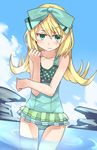  akatoro_(nightlord) atelier_(series) atelier_shallie blonde_hair bow casual_one-piece_swimsuit cloud day flipped_hair green_eyes hair_bow long_hair miruca_crotze one-piece_swimsuit shy sky solo swimsuit wading water 
