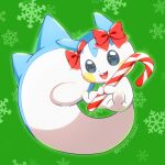  blue_eyes bow bright_pupils candy candy_cane commentary_request food full_body green_background holding holding_candy holding_candy_cane holding_food looking_at_viewer no_humans open_mouth pachirisu piyoyo_oekaki pokemon pokemon_(creature) red_bow snowflakes solo twitter_username white_pupils 