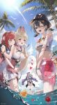  4girls absurdres alice_thymefield alice_thymefield_(sea_of_thyme) animal_ear_fluff animal_ears arm_up ball bare_shoulders beach belle_(summer_skies)_(zenless_zone_zero) belle_(zenless_zone_zero) bikini bikini_bottom_under_shorts bikini_top_under_shirt bikini_under_clothes black_nails blonde_hair blue_hair blue_sky bow bowtie bracelet braid braided_twintails breasts bucket_hat chama_(chacoc0) cleavage closed_eyes clothing_cutout commentary crossed_bangs drill_hair drill_sidelocks earrings eyewear_on_head fingernails fish_hat gradient-tinted_eyewear green_eyes grin hair_between_eyes hair_ornament hat hearing_aid heart heart-shaped_eyewear heterochromia highres holding holding_ball jewelry large_breasts letter_hair_ornament long_hair looking_at_another looking_at_viewer low_twintails midriff multiple_girls navel off-shoulder_shirt off_shoulder official_alternate_costume one-piece_swimsuit one_eye_closed open_mouth orange_bikini orange_shorts outdoors palm_tree parted_lips pink_one-piece_swimsuit purple_bow purple_bowtie purple_hair rabbit_ears rabbit_girl red_eyes red_hair rubber_duck see-through_clothes see-through_shirt shirt short_hair shorts sidelocks sky smile sphere_hair_ornament standing standing_on_one_leg stomach_cutout swimsuit thigh_strap tied_shirt tinted_eyewear tree twintails twitter_username two-tone_one-piece_swimsuit ukinami_yuzuha ukinami_yuzuha_(tanuki_in_broad_daylight) vivian_banshee vivian_banshee_(iris_of_the_shore) wading water waving white_one-piece_swimsuit yellow_eyes zenless_zone_zero 