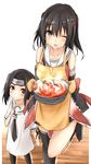  bare_shoulders black_hair dress food grey_eyes hair_ornament hairclip heart heterochromia highres if_they_mated kantai_collection long_hair looking_at_viewer mother_and_daughter multiple_girls naruto naruto_(series) neckerchief necktie one-piece_swimsuit open_mouth oven_mitts pot saku_(kudrove) sendai_(kantai_collection) sharingan shrimp smirk standing standing_on_one_leg stew swimsuit two_side_up vegetable white_dress younger 