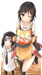  alternate_hairstyle bare_shoulders black_hair dress food forehead_protector grey_eyes hair_ornament hairclip heart highres if_they_mated kantai_collection konohagakure_symbol long_hair looking_at_viewer mother_and_daughter multiple_girls naruto naruto_(series) neckerchief one-piece_swimsuit open_mouth oven_mitts pot saku_(kudrove) sendai_(kantai_collection) short_hair shrimp skirt smirk standing standing_on_one_leg stew swimsuit vegetable white_dress younger 