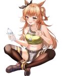  1girl absurdres animal_ears bare_shoulders belt black_thighhighs blush bottle bow breasts brown_ribbon chanpower233 collarbone commentary_request crop_top dog_tags ear_bow ear_ribbon green_belt highres holding holding_bottle horse_ears horse_girl horse_tail long_hair looking_at_viewer mayano_top_gun_(scramble_zone)_(umamusume) mayano_top_gun_(umamusume) midriff navel open_mouth orange_hair orange_tail ribbon shirt shoes shorts simple_background sitting smile solo tail thighhighs two_side_up umamusume v very_long_hair water_bottle white_background white_shorts yellow_shirt 