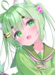  1girl :d ahoge animal_ear_fluff animal_ears blush cat_ears cat_girl collarbone commentary_request dot_nose double-parted_bangs fang green_eyes green_hair green_sailor_collar green_shirt hair_between_eyes hair_bobbles hair_intakes hair_ornament highres long_hair long_sleeves looking_at_viewer matchanear neckerchief open_mouth original purple_neckerchief sailor_collar shirt sidelocks simple_background skin_fang sleeves_past_wrists smile solo thick_eyebrows twintails upper_body white_background 