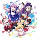  2nd_generation_(hololive) 5girls :d anchor_symbol black_hat black_horns black_kimono blonde_hair blue_dress blue_eyes blue_ribbon breast_tattoo breasts brown_hair cleavage commentary_request cone_hair_bun demon_girl demon_horns demon_wings double_v dress drill_hair frilled_dress frilled_shirt frills gradient_hair green_eyes grey_hair grey_shirt hair_between_horns hair_bun hair_ribbon hat highres hololive horn_ornament horn_ring horns japanese_clothes kimono lab_coat large_breasts long_hair long_sleeves looking_at_viewer maid maid_headdress mask mask_on_head minato_aqua minato_aqua_(1st_costume) multicolored_hair multiple_girls murasaki_shion murasaki_shion_(1st_costume) nakiri_ayame nakiri_ayame_(1st_costume) oni oni_mask oozora_subaru oozora_subaru_(1st_costume) pink_shirt pointy_ears purple_eyes purple_hair red_eyes ribbon shirt short_kimono side_up_bun single_side_bun skin-covered_horns smile swept_bangs tattoo thighhighs tilted_headwear tokumaro twin_drills twintails v v-shaped_eyebrows virtual_youtuber white_thighhighs winged_heart winged_heart_tattoo wings witch witch_hat yellow_eyes yuzuki_choco yuzuki_choco_(1st_costume) 