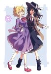  2girls alternate_costume alternate_hair_length alternate_hairstyle black_hat black_skirt blazer blonde_hair blush bow brown_eyes brown_hair coat commentary_request dress fedora frilled_socks frills gloves hair_over_one_eye hand_on_another's_waist hat hat_bow jacket long_hair long_sleeves maribel_hearn mary_janes multiple_girls necktie nose_blush open_hand open_mouth puffy_long_sleeves puffy_sleeves purple_dress re_ghotion red_shoes ribbon shirt shoes short_hair simple_background skirt smile socks speech_bubble surprised touhou trench_coat usami_renko white_bow white_gloves white_shirt yellow_eyes 