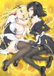  alice_(bishoujo_mangekyou) bishoujo_mangekyou black_hair black_legwear blonde_hair blue_eyes breasts come_hither dorothy_(bishoujo_mangekyou) flower garters happoubi_jin holding_hands large_breasts long_hair long_legs looking_at_viewer lying maid mary_janes multiple_girls open_clothes panties panties_under_pantyhose pantyhose shoes short_hair small_breasts sunflower thighband_pantyhose thighhighs underwear 