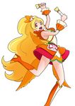  :d alternate_form arms_up bakusai blonde_hair boots coconut_samba cure_honey dancing dual_wielding full_body happinesscharge_precure! happy holding knee_boots long_hair oomori_yuuko open_mouth orange_footwear precure samba skirt smile solo very_long_hair wand white_background wrist_cuffs yellow_eyes 