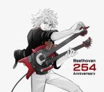  1boy anniversary bandana bandana_around_neck black_jacket blue_eyes character_name chinese_commentary classicaloid commentary_request double_neck_guitar guitar himurel1031 holding holding_plectrum instrument jacket looking_at_viewer ludwig_van_beethoven_(classicaloid) male_focus pants plectrum short_hair simple_background solo white_background 