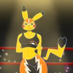 2025 absurd_res anthro arm_grab black_eyes black_nose bottomwear bra camera_flash clothing cosplay_pikachu_(costume) digital_drawing_(artwork) digital_media_(artwork) female fetalfinger fighting_ring generation_1_pokemon heart_tail hi_res looking_away mask nintendo pants pikachu pikachu_libre pokemon pokemon_(species) signature solo sports_bra spotlight spotlight_beam tail tight_bottomwear tight_clothing tight_pants underwear wearing_mask