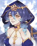  1girl bare_shoulders blue_hair blue_hood breasts drill_hair genshin_impact gradient_hair hair_between_eyes highres hood hood_up layla_(genshin_impact) long_hair multicolored_hair pointy_ears sidelocks smile solo teeth twin_drills vividarth yellow_eyes 