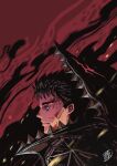  1boy absurdres armor berserk black_armor black_hair blood blood_on_face commentary crosshatching dhashinn expressionless from_side guts_(berserk) hatching_(texture) highres male_focus portrait signature solo textless_version 