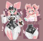  1girl aqua_hair aqua_streaks aria_(zenless_zone_zero) arm_garter ass bare_shoulders black_sclera blue_eyes blush brown_background character_name collar collarbone colored_sclera commentary english_commentary epicztick fingerless_gloves gloves green_eyes hand_on_own_hip heart highres humanoid_robot index_finger_raised multicolored_hair multiple_views pink_gloves pink_hair robot robot_girl streaked_hair zenless_zone_zero 