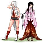  aoshima black_hair boots bow breasts brown_eyes brown_footwear commentary_request cross-laced_footwear dress fujiwara_no_mokou hand_on_hip hand_on_own_head highres hime_cut houraisan_kaguya huge_breasts large_breasts long_hair long_sleeves looking_away multiple_girls necktie red_eyes shirt short_shorts shorts silver_hair simple_background sleeveless sleeves_past_wrists tied_hair touhou underboob very_long_hair white_background white_shirt 