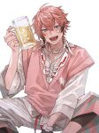  1boy :d ahoge akagi_wen akagi_wen_(1st_costume) alcohol bandaid bandaid_on_cheek bandaid_on_face beer beer_mug black_gloves black_hair blue_eyes blush collared_shirt crossed_bangs cup drawstring fu_(fujidou_2434) gloves hair_between_eyes hand_up hashtag-only_commentary highres holding holding_cup ice ice_cube looking_at_viewer male_focus mug multicolored_hair nijisanji open_mouth pink_hair pink_sweater_vest sharp_teeth shirt short_hair shorts simple_background single_glove sitting smile solo streaked_hair sweater_vest teeth three-quarter_sleeves virtual_youtuber white_background white_shirt white_shorts wing_collar 