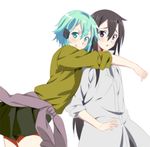  1girl aqua_eyes aqua_hair bad_id bad_pixiv_id black_eyes black_hair hug hug_from_behind inui_sanagi kirito kirito_(sao-ggo) long_hair otoko_no_ko short_hair sinon sword_art_online 