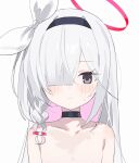  1girl black_choker black_hairband blue_archive choker hair_over_one_eye hairband halo long_hair measho multicolored_hair plana_(blue_archive) simple_background solo upper_body white_background 