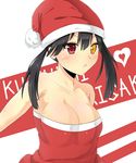  absurdres background_text bad_anatomy bad_id bad_pixiv_id bare_shoulders black_hair blush breasts cleavage clock_eyes collarbone date_a_live english hat heterochromia highres large_breasts long_hair looking_at_viewer open_mouth otyagdgdto red_eyes santa_costume santa_hat solo symbol-shaped_pupils text_focus tokisaki_kurumi twintails yellow_eyes 