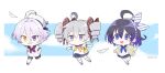  3girls :d ahoge black_skirt blue_eyes blue_hair blue_neckerchief blue_serafuku blue_sky bow bronya_zaychik brown_sweater chibi cloud cloudy_sky commentary drill_hair full_body grey_eyes grey_hair grin hair_bow heterochromia honkai_(series) honkai_gakuen jin2 long_sleeves multiple_girls neckerchief no_mouth paper_airplane pink_hair polka_dot polka_dot_bow purple_hair purple_neckerchief school_swimsuit school_uniform seele_vollerei serafuku sharp_teeth short_hair short_sleeves sin_mal skirt sky smile sweater swimsuit teeth thighhighs twin_drills untranslatable_commentary white_thighhighs yellow_eyes yellow_neckerchief 