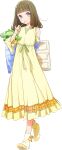  1girl armpit_crease bare_shoulders blunt_bangs brown_hair collarbone dress dress_ribbon frilled_dress frills full_body game_cg green_ribbon holding holding_pillow kachimachi_kosuzu kachimachi_kosuzu_(birthday_sleepwear) link!_like!_love_live! long_dress long_hair looking_at_viewer love_live! no_shoes non-web_source official_art pillow purple_eyes ribbon self-datamine simple_background sleeveless sleeveless_dress socks solo stuffed_dinosaur tachi-e toothbrush toothbrush_in_mouth transparent_background virtual_youtuber walking yellow_dress yellow_socks 