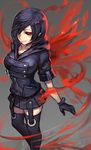  black_gloves black_hair black_legwear black_sclera black_skirt breasts closed_mouth evan_yang eyelashes feet_out_of_frame garter_straps gloves grey_background hair_over_one_eye highres hood hood_down hoodie kagune_(tokyo_ghoul) kirishima_touka lace_trim looking_at_viewer mask medium_breasts miniskirt o-ring one_eye_covered pleated_skirt red_eyes short_hair short_sleeves shorts skirt solo standing tokyo_ghoul 