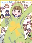  1girl :d :o ;o absurdres anyoji_hime arm_up black_bow border bow braid brown_hair center-flap_bangs ceras_yanagida_lilienfeld chibi chibi_inset commentary_request dinosaur_costume fujishima_megumi gonzales_(love_live!) hair_bow highres hinoshita_kaho kachimachi_kosuzu katsuragi_izumi koala_maneo leg_up link!_like!_love_live! looking_at_viewer love_live! momose_ginko murano_sayaka myrain56991013 one_eye_closed open_mouth osawa_rurino otomune_kozue outside_border side_braids simple_background smile solo virtual_youtuber white_background yellow_border yugiri_tsuzuri 