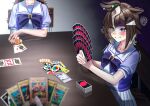  3girls absurdres ace_(playing_card) ace_of_hearts ahoge animal_ears ash_blossom_&amp;_joyous_spring blue_eyes blush bow bowtie breasts brown_hair card closed_mouth collarbone commentary english_commentary exodia_the_forbidden_one hair_ornament hair_over_one_eye heart highres holding holding_card horse_ears horse_girl horse_tail jack_(playing_card) jack_of_hearts king_(playing_card) king_of_hearts_(playing_card) manjo_(warito) motion_lines multicolored_hair multiple_girls partially_shaded_face playing_card pleated_skirt poker_chip puffy_short_sleeves puffy_sleeves purple_bow purple_bowtie purple_shirt queen_(playing_card) queen_of_hearts_(playing_card) rulership_(umamusume) sailor_collar sailor_shirt school_uniform shirt short_hair short_sleeves sitting skirt streaked_hair table tail ten_of_hearts tracen_school_uniform trembling umamusume uno_(game) white_sailor_collar white_skirt yu-gi-oh! 
