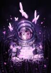  1girl absurdres astronaut blurry blurry_background bug butterfly commentary dhashinn eyelashes helmet highres lips mole mole_under_eye original pink_eyes pink_hair signature smile solo space_helmet upper_body 
