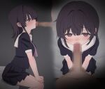  1boy 1girl black_hair black_shirt black_skirt censored commentary_request fellatio hetero highres medium_hair miniskirt mosaic_censoring neckerchief oral original penis petite pleated_skirt purple_eyes purple_neckerchief ruriri sailor_collar school_uniform serafuku shirt sitting skirt white_sailor_collar 