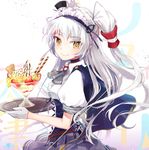  adapted_costume amatsukaze_(kantai_collection) ascot brown_eyes capelet chocolate_syrup corset food fruit gloves hair_tubes ice_cream kantai_collection long_hair maid_headdress parfait puffy_short_sleeves puffy_sleeves reika_(clovia_studio) shirt short_sleeves silver_hair skirt smile solo strawberry sundae tray two_side_up very_long_hair wafer_stick waitress white_gloves 