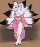 canine clothed clothing female fluff-kevlar fox japanese_clothing kimono looking_at_viewer mammal multiple_tails sitting skimpy solo 