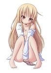  bare_legs barefoot blonde_hair blush breasts full_body holding holding_panties knees_together_feet_apart long_hair looking_at_viewer off_shoulder orange_eyes osaji0909 panties panties_removed sakura-sou_no_pet_na_kanojo shiina_mashiro simple_background small_breasts solo underwear white_background 