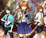  2boys black_legwear bow brown_hair brush gekkan_shoujo_nozaki-kun hair_bow hair_ornament highres hinomiya22 hori_masayuki long_hair mikoshiba_mikoto multiple_boys necktie polka_dot polka_dot_bow purple_eyes rouman_academy_uniform sakura_chiyo school_uniform short_hair skirt 