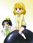  2girls black_shoes blonde_hair blue_skirt bow brown_eyes bug cardigan commentary_request flying_sweatdrops green_eyes green_hair green_necktie green_sweater_vest hair_bow hairband hands_up highres kise_yayoi kneehighs loafers long_sleeves medium_hair midorikawa_nao miniskirt multiple_girls nanairogaoka_middle_school_uniform neckerchief necktie open_mouth oversized_bug peanut_mouth pillbug pleated_skirt ponytail precure riding riding_animal scared school_uniform shirt shoes short_hair skirt sleeves_past_wrists smile_precure! socks sweater_vest tears white_hairband white_shirt white_socks yellow_bow yellow_cardigan yellow_neckerchief yuuki_shin'ichi 