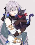  1girl anger_vein black_eyes bronya_rand cat commentary crossed_bangs earrings gloves grey_background grey_hair hair_between_eyes highres honkai:_star_rail honkai_(series) jewelry long_hair lower_teeth_only natsuki_(2917) neckerchief one_eye_closed open_mouth red_neckerchief seele_(honkai:_star_rail) simple_background smile teeth twitter_username untranslatable_commentary upper_body very_long_hair 