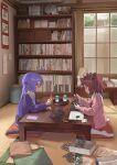  2girls ahoge blue_eyes bookshelf brown_eyes brown_hair cardigan commentary dress full_body glasses gunpla highres indoors long_hair looking_at_another model_kit multiple_girls otomachi_una purple_hair short_hair sitting slice_of_life tatami touhoku_kiritan twintails vocaloid voiceroid wariza yamamomo_(plank) 