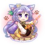  animal_ears blush chibi commentary dog_ears dog_tail fang flower hair_flower hair_ornament instrument kemonomimi_mode long_hair lute_(instrument) open_mouth pote_(ptkan) purple_hair smile solo tail touhou tsukumo_benben twintails 
