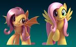  2snacks bat_pony duo equine fangs female feral flutterbat_(mlp) fluttershy_(mlp) friendship_is_magic fur gradient_background green_eyes hair mammal my_little_pony pegasus pink_hair raised_leg red_eyes shaded smile spread_wings square_crossover wings yellow_fur 