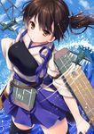 aircraft airplane arrow banned_artist bow_(weapon) brown_hair japanese_clothes kaga_(kantai_collection) kantai_collection konomi_(kino_konomi) radio_antenna side_ponytail solo weapon yellow_eyes 