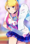  ayase_eli bad_id bad_pixiv_id blonde_hair blue_eyes blurry blurry_background choker corsage hand_on_hip happy_maker! heart highres leaning_forward long_hair looking_at_viewer love_live! love_live!_school_idol_project ponytail shirt skirt smile solo t-shirt towel vest ytk_(yutta-p) 