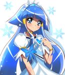  aoki_reika blue_bow blue_eyes blue_hair blush bow bracelet brooch choker color_connection cosplay cure_beauty cure_diamond cure_diamond_(cosplay) dokidoki!_precure hair_tubes hairband haru_(nature_life) jewelry long_hair magical_girl precure ribbon sidelocks smile smile_precure! snowflakes solo white_background 