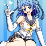  bare_shoulders blue_eyes blue_hair double_bun echigoya_no_dagashi elbow_gloves gloves hair_ribbon heart kantai_collection open_mouth pointing pointing_up ribbon school_uniform serafuku short_hair sitting skirt sleeves_rolled_up smile solo striped striped_background urakaze_(kantai_collection) vertical-striped_background vertical_stripes white_gloves yellow_neckwear 