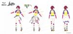  1girl ambience_synesthesia angel_wings arknights arm_warmers chinese_commentary clothes_around_waist coat commentary_request copyright_logo copyright_notice detached_wings earrings exusiai_(ambience_synesthesia_2024)_(arknights) exusiai_(arknights) eyewear_on_head facing_away full_body gun hair_over_one_eye halo headphones headphones_around_neck highres jewelry kieed kriss_vector logo multicolored_shirt multiple_views official_alternate_costume official_art orange_eyes pink_arm_warmers pink_background red_hair reference_sheet roller_skates shirt short_hair short_side_ponytail shorts skates smile solo star_(symbol) striped_clothes striped_thighhighs submachine_gun sunglasses t-shirt thighhighs weapon white_coat wings yellow_halo 