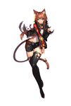  [saw] absurdres animal_ears bell black_legwear boots brown_eyes brown_hair cat_ears cat_tail collar covered_navel full_body highres jacket leg_up light_smile long_hair original ribbon short_shorts shorts simple_background sleeves_past_wrists solo tail tail_bell tail_ribbon thigh_boots thighhighs very_long_hair white_background 