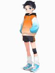  1boy absurdres bike_shorts bike_shorts_under_shorts black_headband black_shorts blue_eyes blue_hoodie blue_shoes drawstring full_body gradient_sleeves hands_in_pockets headband highres hood hood_down hoodie knee_pads looking_at_viewer loose_socks m1_tsuru male_focus multicolored_hoodie orange_hoodie original shoes shorts simple_background single_knee_pad smile sneakers socks solo standing two-tone_hoodie white_background white_socks 