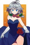  1girl ahoge blue_dress blue_eyes blush bollzzalguy bow braid breasts cleavage collarbone commentary_request dress dress_flower flower gloves green_bow grey_hair hair_bow highres izayoi_sakuya long_hair looking_at_viewer medium_breasts red_flower red_rose rose skirt_hold smile solo sparkle strapless strapless_dress thighs touhou twin_braids white_gloves 