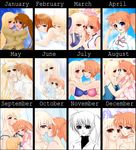  3girls bikini blonde_hair blue_eyes blush brown_hair calendar collarbone couple eyes_closed family fate_testarossa hand_holding happy hug hug_from_behind incipient_kiss kiss long_hair looking_at_another lyrical_nanoha mahou_senki_lyrical_nanoha_force mahou_shoujo_lyrical_nanoha mahou_shoujo_lyrical_nanoha_strikers mahou_shoujo_lyrical_nanoha_vivid monochrome multiple_girls ponytail red_eyes school_uniform sleeping smile swimsuit takamachi_nanoha uniform very_long_hair vivio watercolormark yuri 